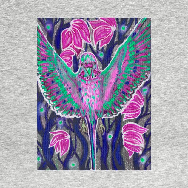 Colorful violet budgie bird in flowers by deadblackpony